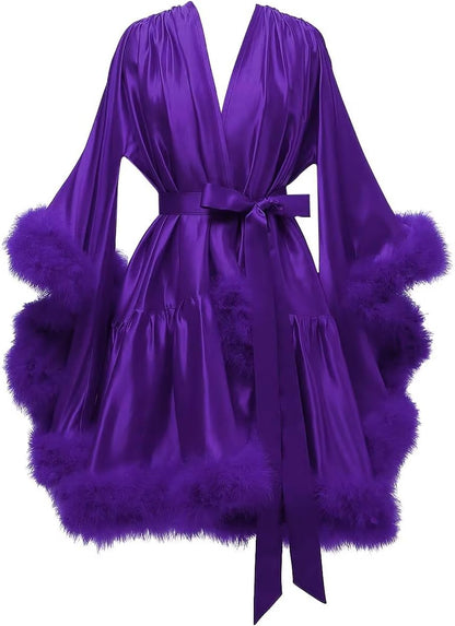Yexinbridal Feather Fur Robe Silk Satin Bridal Dressing Gown Sexy Illusion Lingerie Nightgown Bathrobe Sleepwear