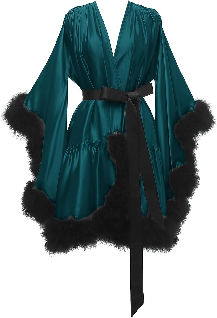 Yexinbridal Feather Fur Robe Silk Satin Bridal Dressing Gown Sexy Illusion Lingerie Nightgown Bathrobe Sleepwear