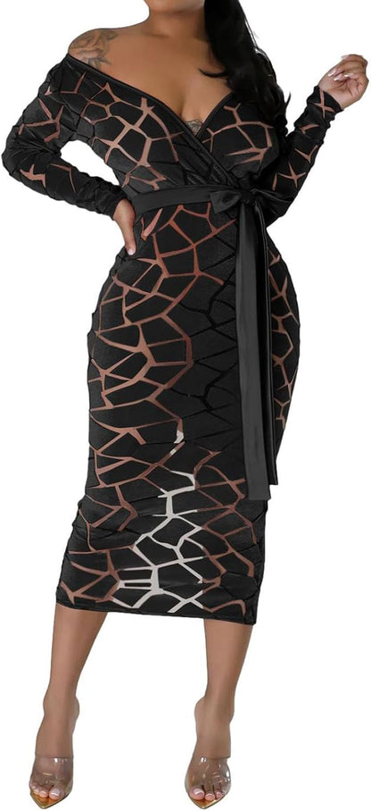 Uni Clau Women Sexy Mesh Velvet Patchwork Midi Dress Long Sleeve See Through Hollow Out Bodycon Party Club Midi Dresses