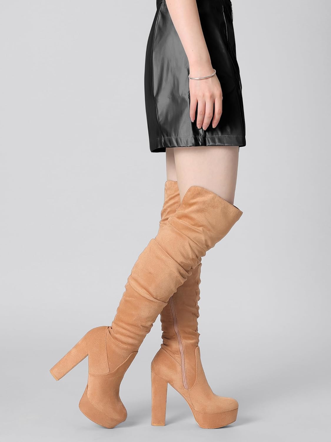 Allegra K Women's Platform Round Toe Zipper Slouch Heel Over the Knee Thigh High Boots