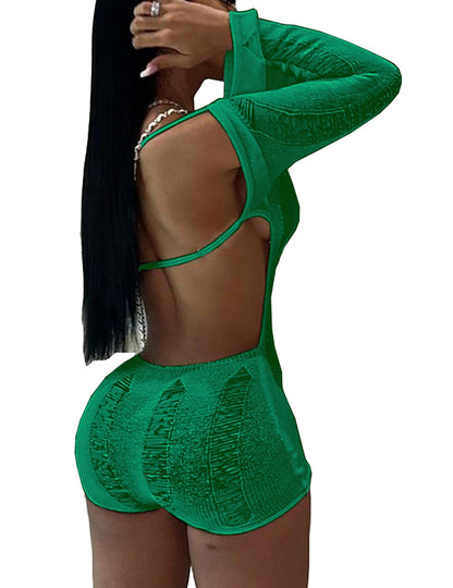 Women Sexy Off Shoulder Crochet Knitted Hollow Out Long Sleeve Romper Backless Bodycon Party Club Night Rompers