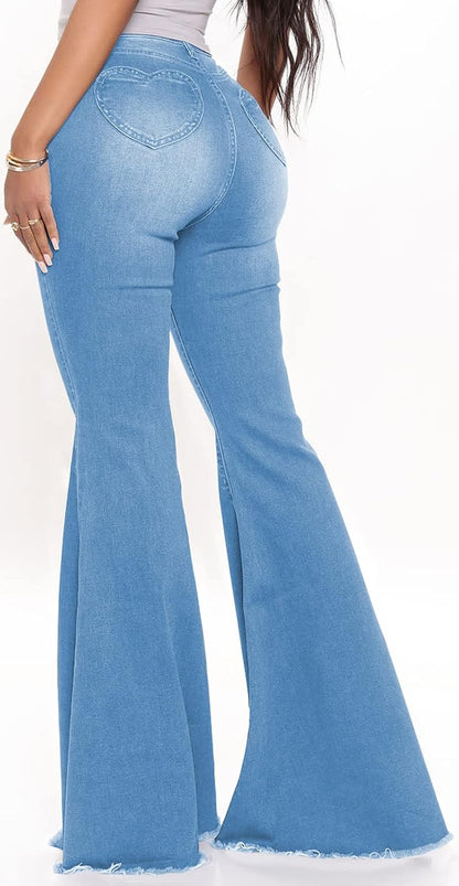 Women's Bell Bottom Jeans Classic Destoryed Ripped Flare Jeans Elastic Waist Raw Hem Denim Pants