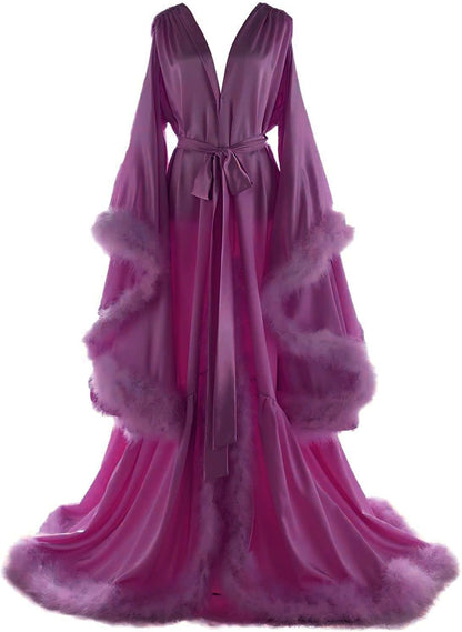Women's Feather Bridal Robes Old Hollywood Maternity Photoshoot Nightgown Silk Bathrobe Long Lingerie
