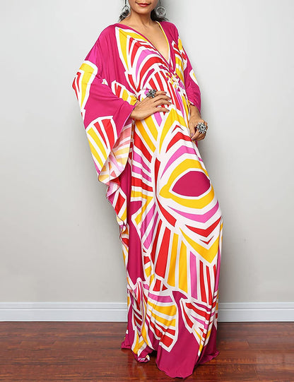 Bsubseach Women Ethnic Print Kaftan Beach Dress Plus Size Swimsuit Cover Up