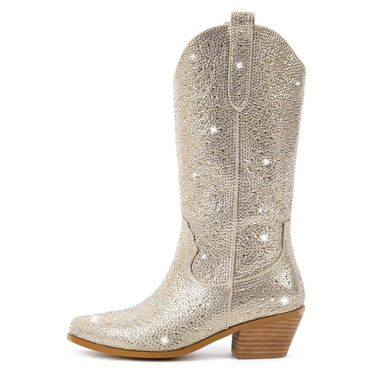Richealnana Sparkly Rhinestones Cowboy Cowgirl Style Boots Calf High Boots for Women 2INCH Heeled Shining Pull On Tabs