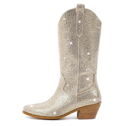 Richealnana Sparkly Rhinestones Cowboy Cowgirl Style Boots Calf High Boots for Women 2INCH Heeled Shining Pull On Tabs