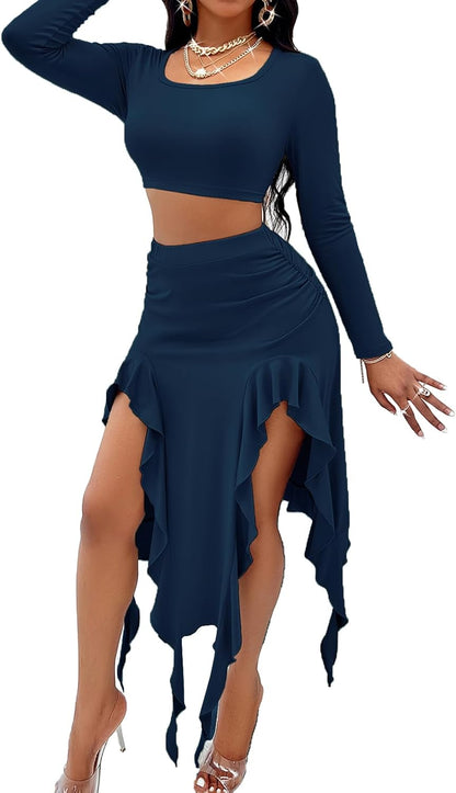 BARASA Women Summer 2 Piece Skirt Sets Comfy Ruffle Trim Irregular Split Sexy Y2k Club Party Tops Jellyfish Skirt Suits S69