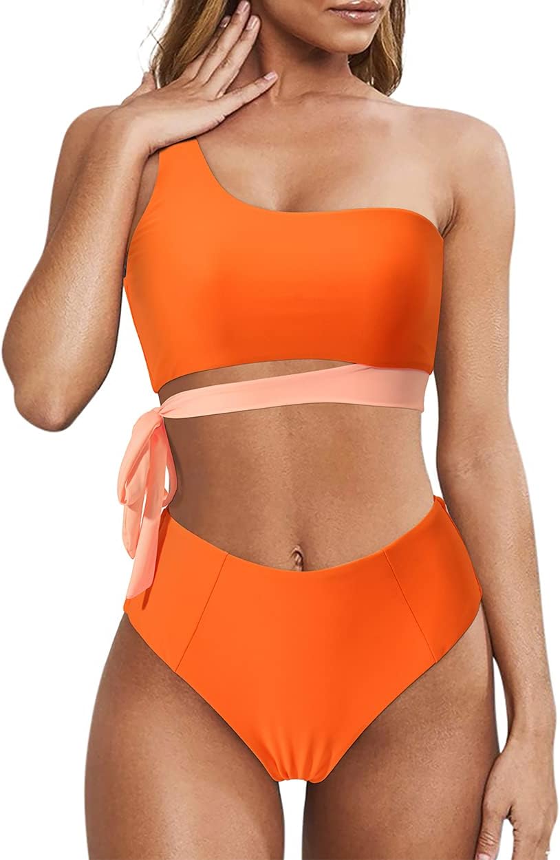 MOOSLOVER Women One Shoulder High Waisted Bikini Tie High Cut Two Piece Swimsuits