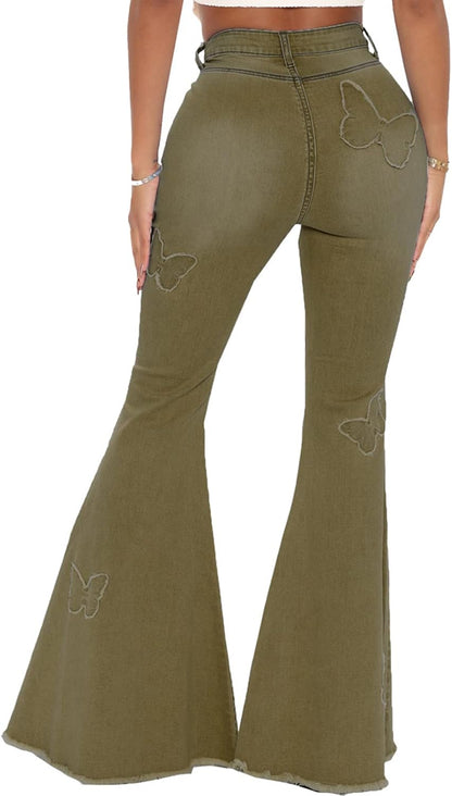 Women's Bell Bottom Jeans Classic Destoryed Ripped Flare Jeans Elastic Waist Raw Hem Denim Pants