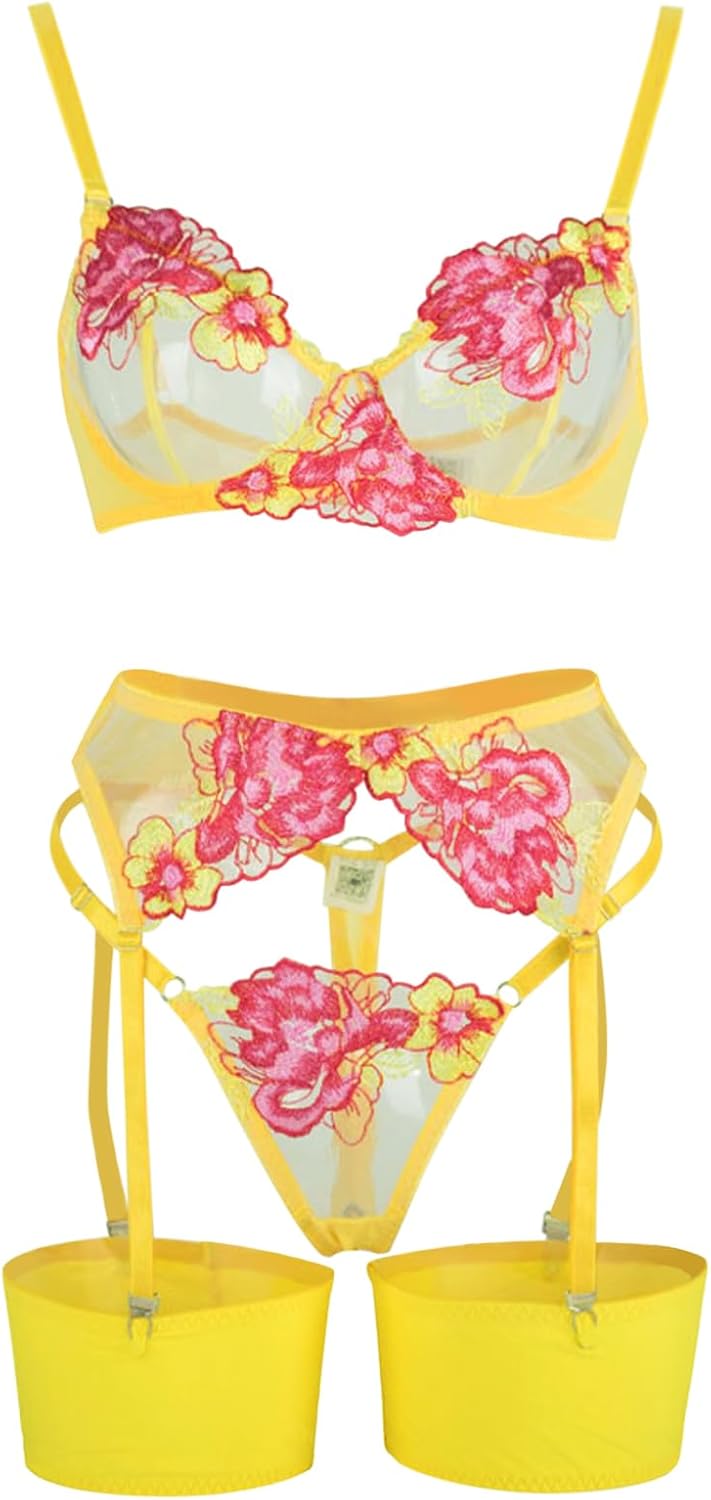 Lilosy Sexy Leaf Floral Embroidered Mesh Sheer Women Underwire Push Up Lingerie Set
