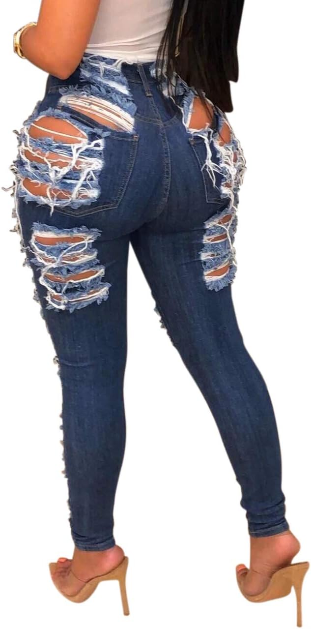 Women's Skinny Ripped Jeans Stretch Destroyed Mid High Waist Denim Pants