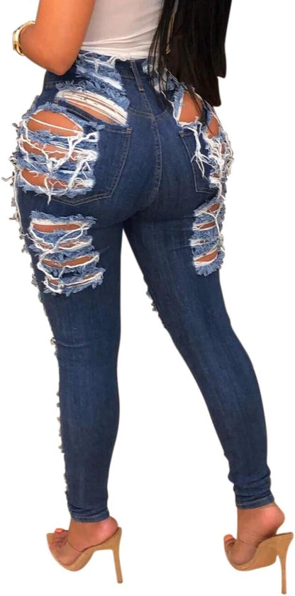 Women's Skinny Ripped Jeans Stretch Destroyed Mid High Waist Denim Pants
