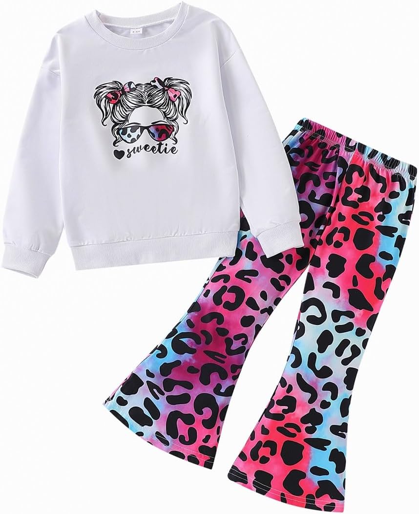 Toddler Girl Clothes Long Sleeve Cartoon & Letter Graphic Top + Fruit Stationery Print Flared Leg Pants
