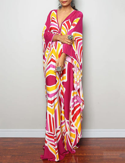 Bsubseach Women Ethnic Print Kaftan Beach Dress Plus Size Swimsuit Cover Up