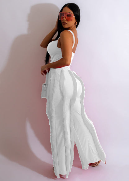 PRIVIMIX Women 2 Piece Outfits Fringe Tassel Long Pants Set Adjustable Suspenders Bodysuit Spaghetti Strap Clubwear Jumpsuits