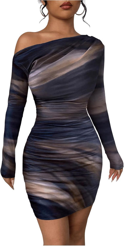 Women's Off Shoulder Ombre Tie Dye Bodycon Dress Long Sleeve Slim Fit Pencil Mini Dresses