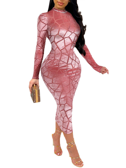 Uni Clau Women Sexy Sheer Mesh Boydcon Midi Dress See Through Printed Long Sleeve Midi Skinny Clubwear Party Dress
