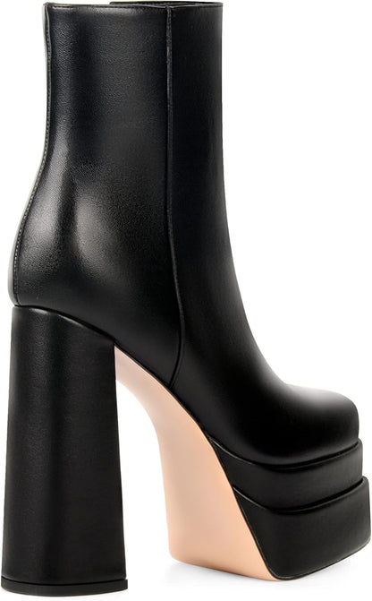 ANN CREEK Women's Double Platform Ankle Boots Chunky Heel Booties Side Zipper Square Toe High Heel Casual Boots