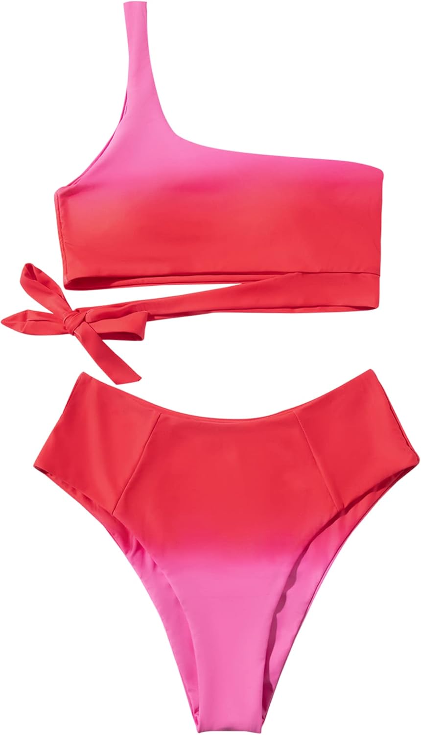 MOOSLOVER Women One Shoulder High Waisted Bikini Tie High Cut Two Piece Swimsuits