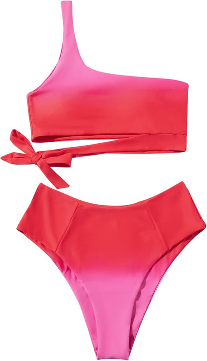 MOOSLOVER Women One Shoulder High Waisted Bikini Tie High Cut Two Piece Swimsuits