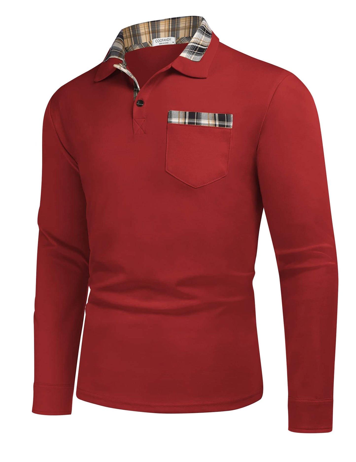 COOFANDY Men's Casual Polo Shirt Long Sleeve Classic Plaid Button Tees with Pockets