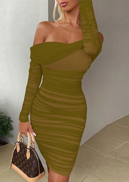 MOEENCN Mesh Long Sleeve Ruched Dress Sexy Off Shoulder Bodycon Women Knee Length Party Date Night Outfits