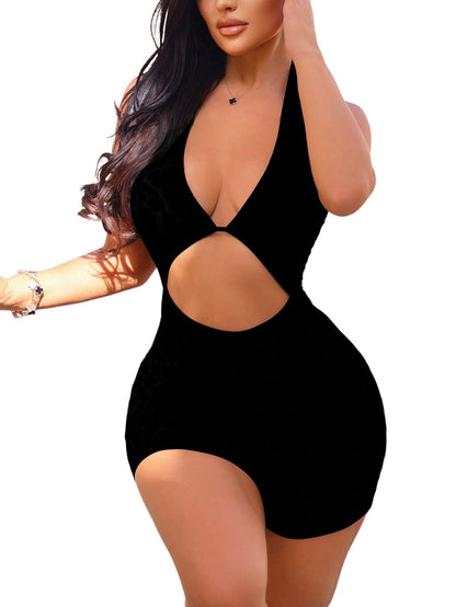 WDIRARA Women's Sexy Romper Leopard Hollow Out Backless Sleeveless Halter Bodycon Short Jumpsuit