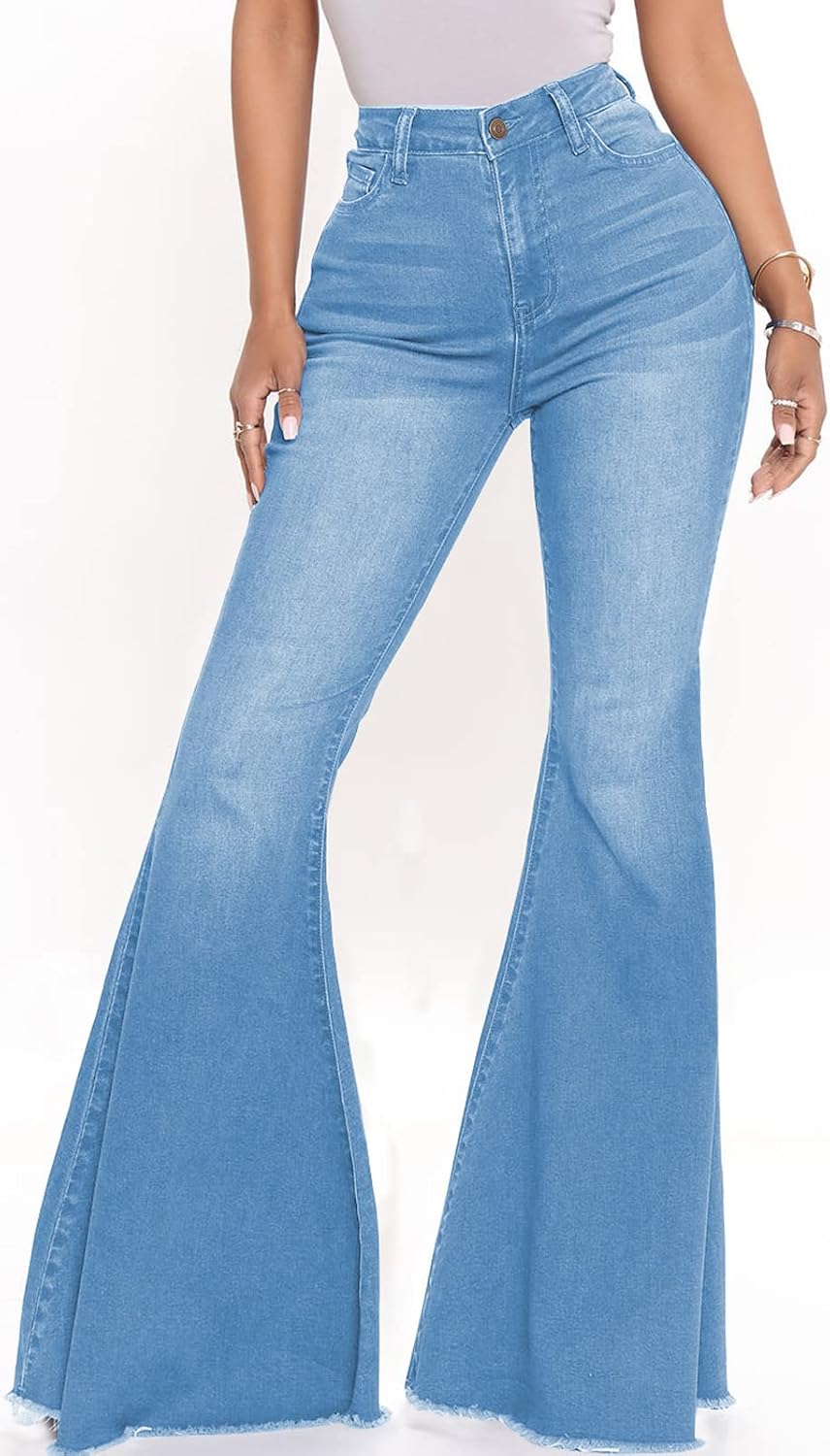 Women's Bell Bottom Jeans Classic Destoryed Ripped Flare Jeans Elastic Waist Raw Hem Denim Pants