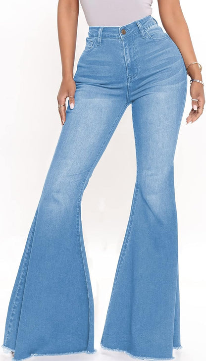 Women's Bell Bottom Jeans Classic Destoryed Ripped Flare Jeans Elastic Waist Raw Hem Denim Pants