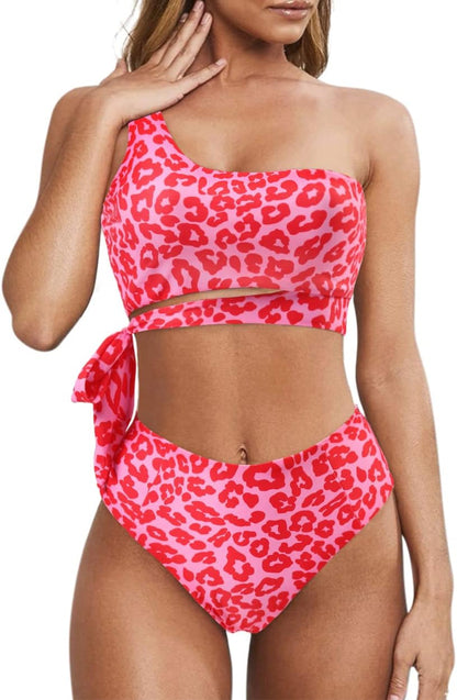 MOOSLOVER Women One Shoulder High Waisted Bikini Tie High Cut Two Piece Swimsuits