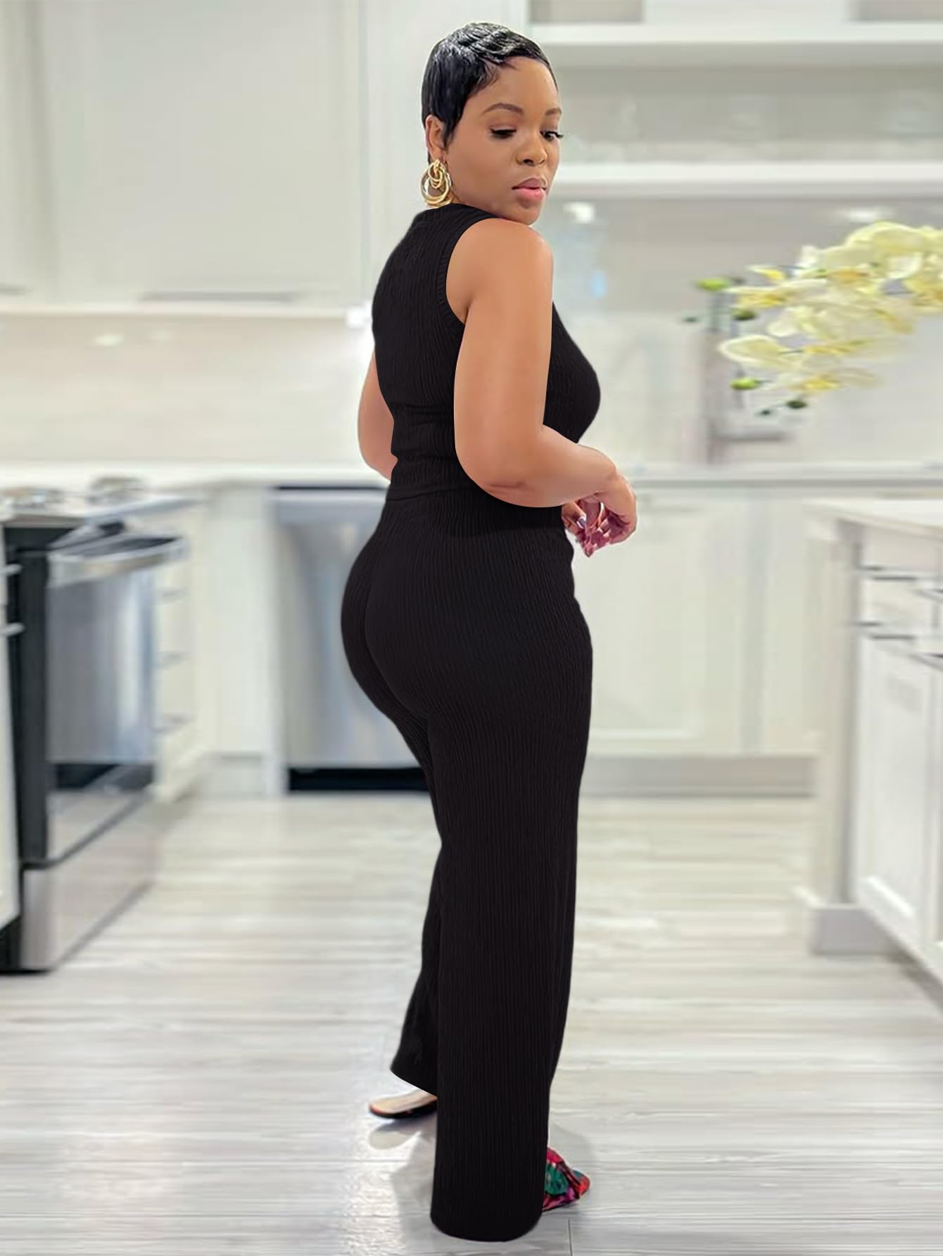 Womens Trendy Ribbed Knit 2 Piece Outfit Sleeveless Crop Top and High Waist Wide Leg Pants Matching Lounge Set