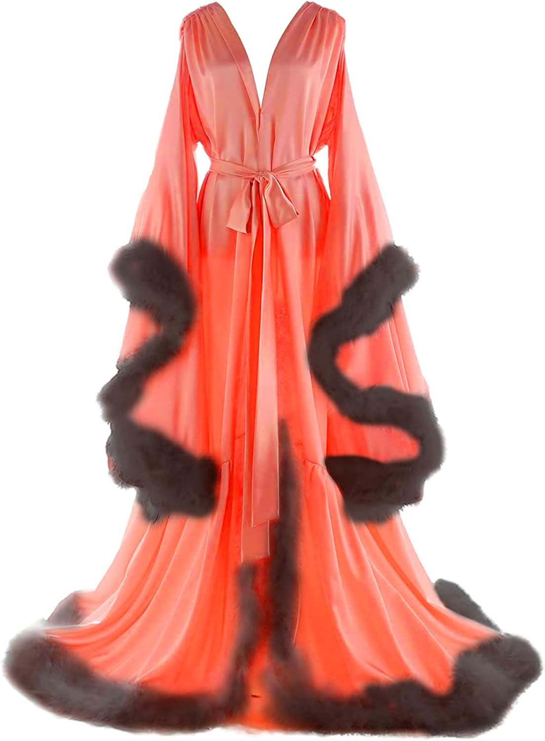 Women's Feather Bridal Robes Old Hollywood Maternity Photoshoot Nightgown Silk Bathrobe Long Lingerie