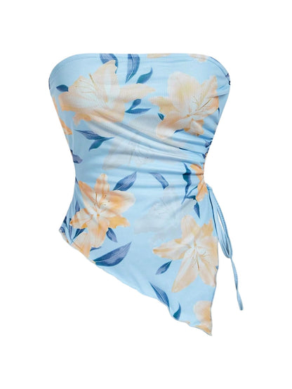 WDIRARA Women's Floral Mesh Strapless Side Ruched Tube Top Asymmetrical Hem Bandeau Crop Tops