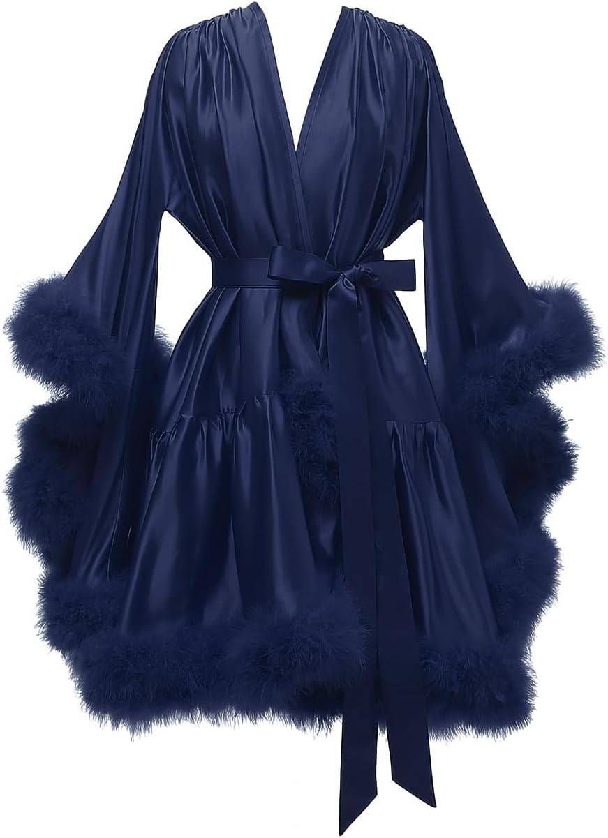 Yexinbridal Feather Fur Robe Silk Satin Bridal Dressing Gown Sexy Illusion Lingerie Nightgown Bathrobe Sleepwear