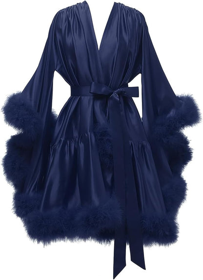 Yexinbridal Feather Fur Robe Silk Satin Bridal Dressing Gown Sexy Illusion Lingerie Nightgown Bathrobe Sleepwear