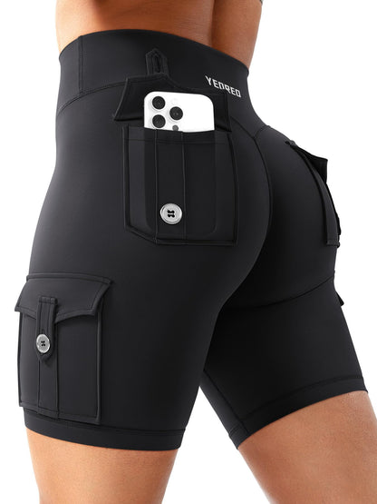 YEOREO CoreFlex Women Workout Biker Shorts with Cargo Pockets Hidden Scrunch High Waisted 8" Inseam Gym Shorts