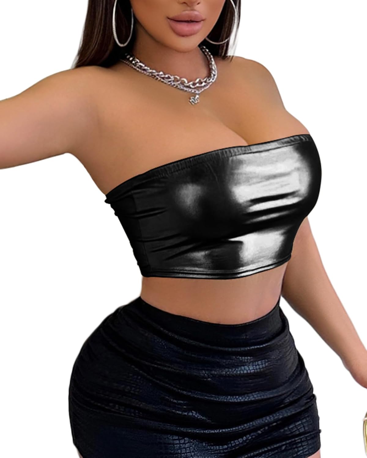 Women's Metallic Shiny Tube Top - Strapless Party Crop Top for Rave, Festival & Night Out