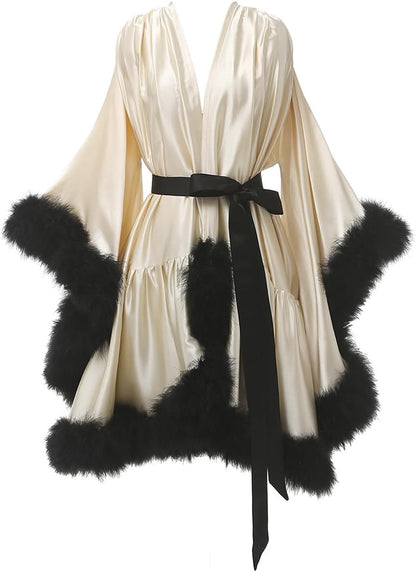 Yexinbridal Feather Fur Robe Silk Satin Bridal Dressing Gown Sexy Illusion Lingerie Nightgown Bathrobe Sleepwear