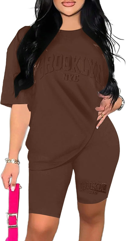 Hilinker Womens 2 Piece Outfits Short Sleeve Top and Shorts Set Summer Workout Casual Tracksuit