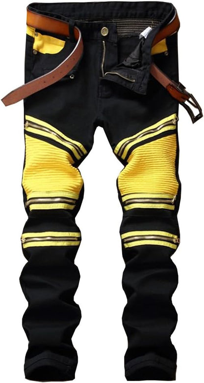Enrica Men's Ripped Straight Slim Moto Biker Jeans
