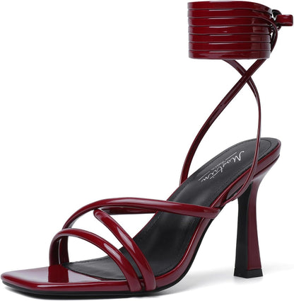Mostrin Womens Sandals Strappy Heels for Women Lace Up Square Open Toe Heels Tie Up High Heeled Sandals for Prom, Party, Daily Wear