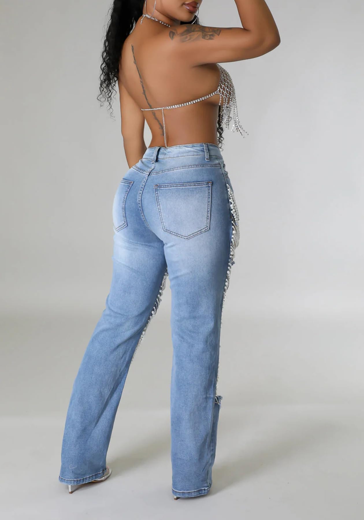 Womens Sexy Ripped Jeans High Waisted Rhinestones Pearl Chains Distressed Baggy Jeans Party Clubwear Denim Pants