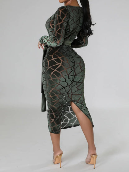 Uni Clau Women Sexy Mesh Velvet Patchwork Midi Dress Long Sleeve See Through Hollow Out Bodycon Party Club Midi Dresses