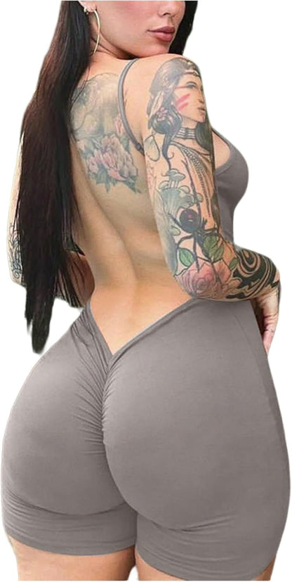 GORGLITTER Women's Backless Rompers One Piece Workout Jumpsuit Open Back Ruched Gym Shorts Bodysuit Unitard Dressy 2025