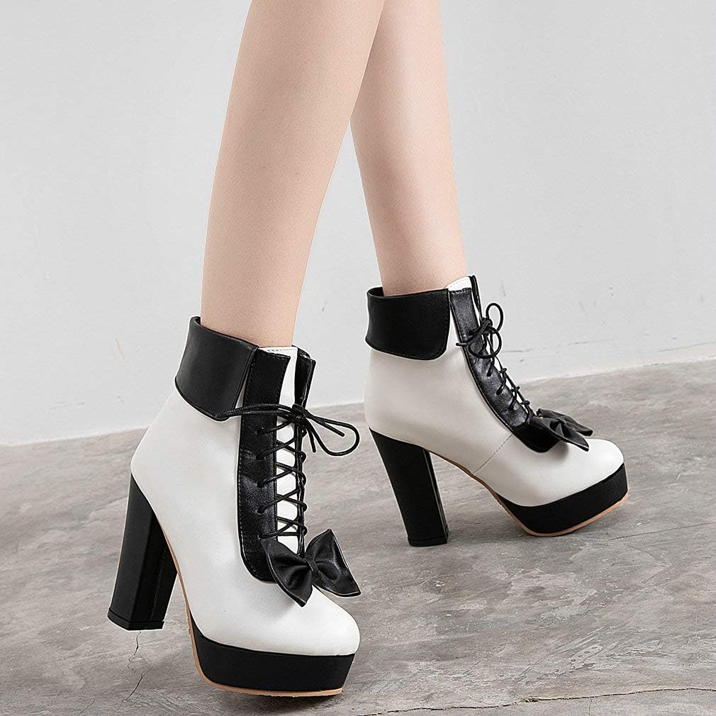 Parisuit Womens Dress Kawaii Boots Chunky High Heel Platform Ankle Booties Lace Up Sweet Bow Shoes