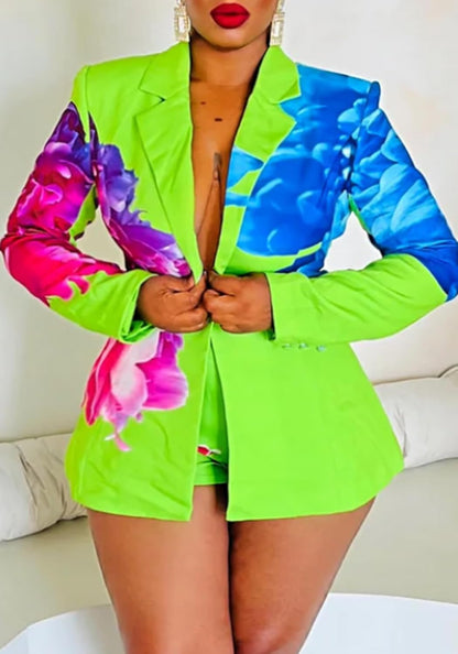 Sexy Blazer Shorts Suits for Women Floral Open Front Blazers Business Casual Shorts 2 Piece Set