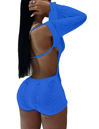 Women Sexy Off Shoulder Crochet Knitted Hollow Out Long Sleeve Romper Backless Bodycon Party Club Night Rompers