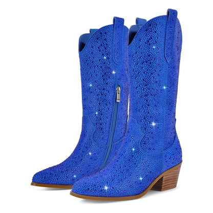 Richealnana Sparkly Rhinestones Cowboy Cowgirl Style Boots Calf High Boots for Women 2INCH Heeled Shining Pull On Tabs