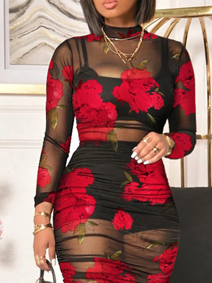 Women Sexy See Through Mesh Long Sleeve Ruched Midi Dresses Crop Top Bodycon Skirt 3 Piece Outfits Set Clubwear