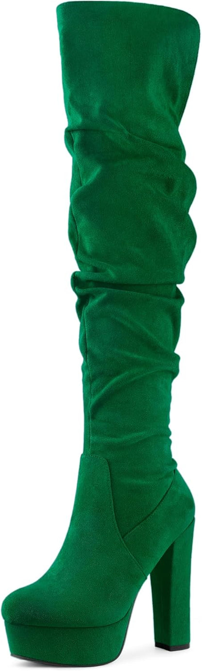 Allegra K Women's Platform Round Toe Zipper Slouch Heel Over the Knee Thigh High Boots